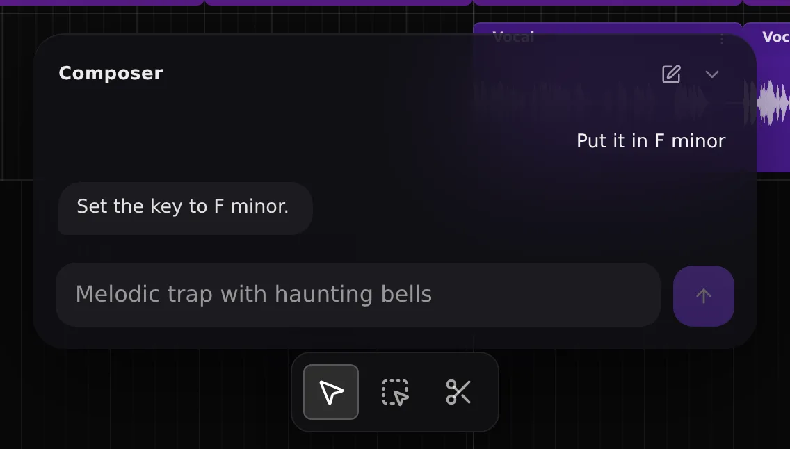 Composer panel: "Put it in F minor" and the reply "Set the key to F minor."
