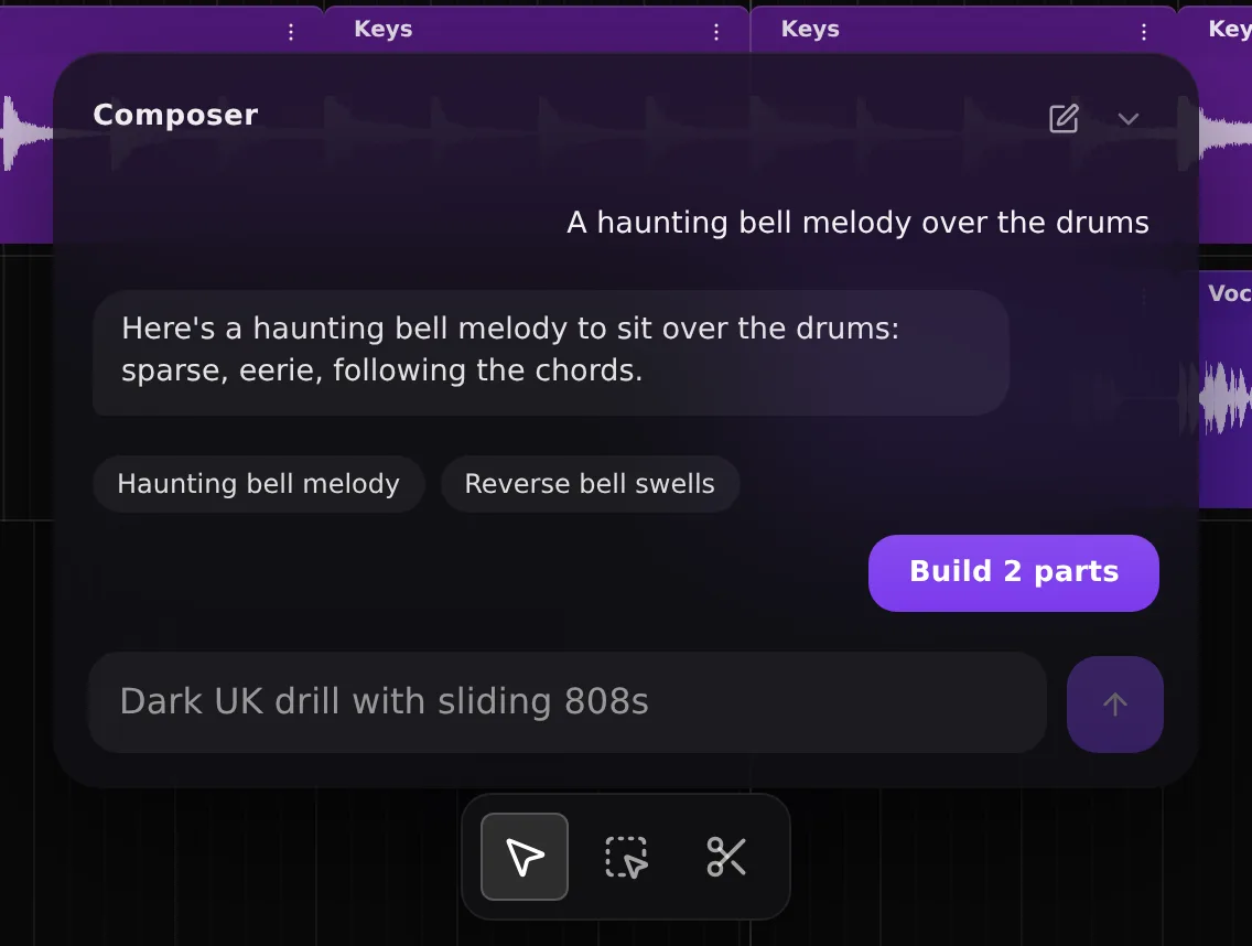 Composer panel proposing a haunting bell melody and reverse bell swells, with a Build 2 parts button