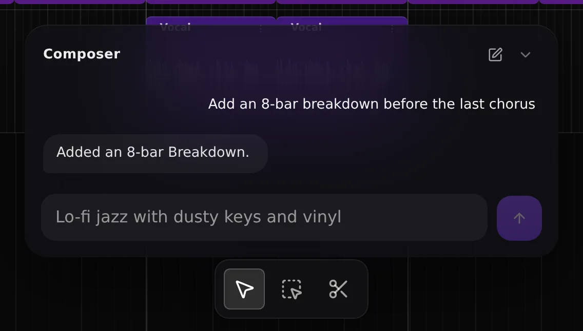 Composer panel: "Add an 8-bar breakdown before the last chorus" and the reply "Added an 8-bar Breakdown."