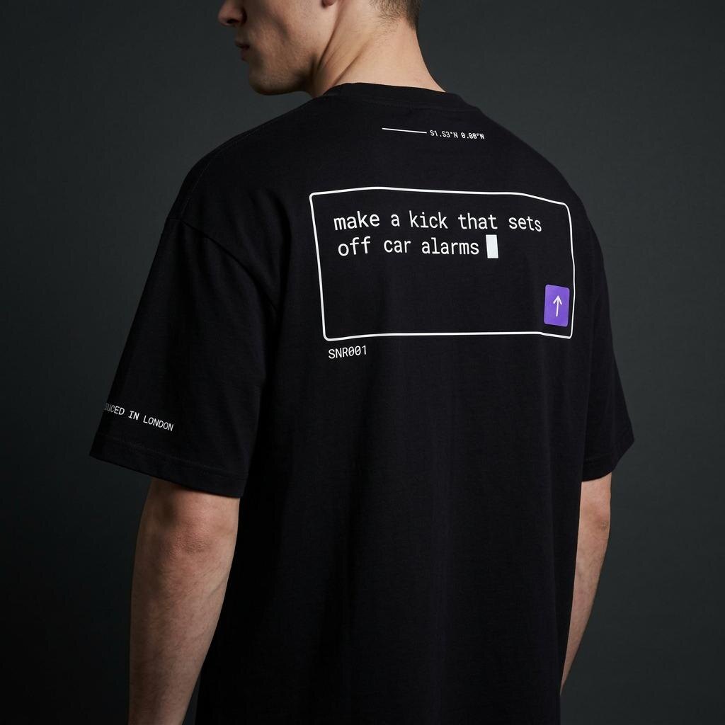 Black Sonura tee, back print reading make a kick that sets off car alarms