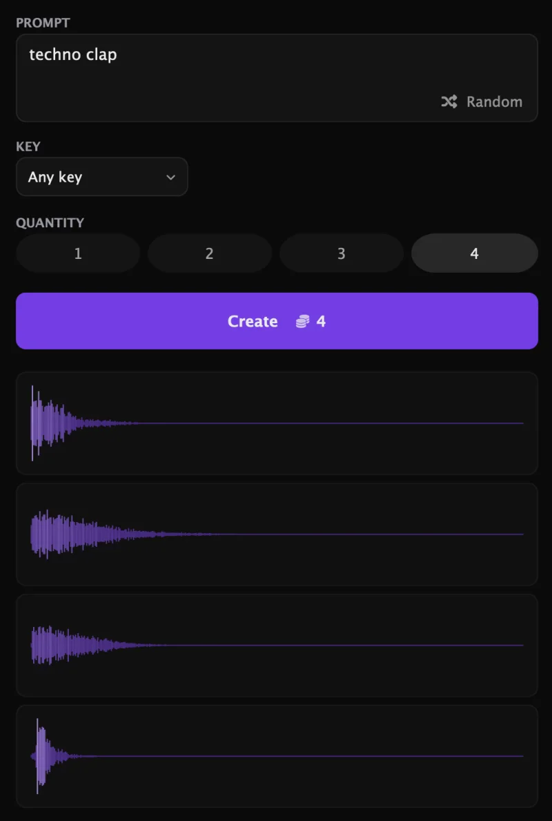 Generating a techno clap with four variations in Sonura Flow